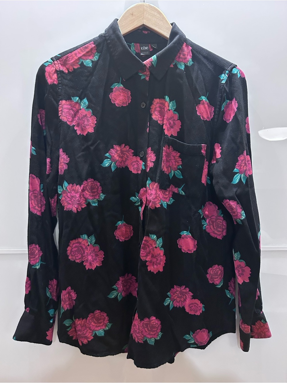 ICÔNE Black Button-Down Shirt with Red Floral Print